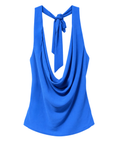 cobalt blue Chiffon halter top
Cowl neckline
Adjustable neck tie
Adjustable back strap
Low back
Lined
