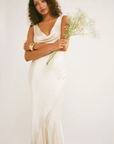ivory Satin maxi dress
Cowl neck neckline
Open back
Adjustable back tie for waist snatching
Mermaid hem
bridal maxi dress
bridal shower maxi dress
rehearsal maxi dress
bride dress
wedding dress