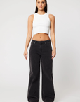 Relaxed fit straight leg jeans. Mid rise. Button and zipper fly. Five pocket construction. Unlined. black denim jeans.