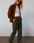 Woven utility pants. Button fly. Four pocket construction. Unlined. green pants. fall outfit.