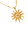 Gold necklace with a sun-shaped pendant
18K Gold Non-Tarnish Boho Sun Necklace
18K Gold Plated
Stainless Steel
Pendant Size: 1.5" / Chain Length: 15.57" / Extension Length: 2"
Lead-free
Nickel-safe
Hypoallergenic
Water Resistant