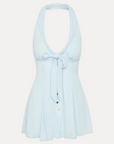 blue Chiffon halter mini dress
Tie at bust
Halter neckline with adjustable buttons
Button down closure
Lapel transforms into a tie detail at the bust
Side zipper closure
Polyester
babydoll dress