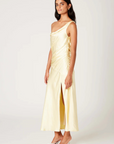 yellow Satin maxi dress
Asymmetrical off-shoulder neckline
Ruched bodice
High side slit
Lined
wedding guest dress
bridesmaid dress