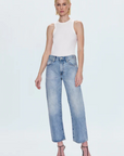 Faded straight leg jeans
Mid rise bowed straight leg jeans
No stretch
Button and zipper fly
Five pocket construction
Rise: 10" / Inseam: 29" / Leg Opening: 17.5"
Cotton
mid to light wash denim jeans