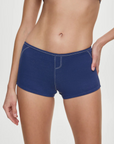blue Denim bikini shorts
Medium coverage
White stitching
Back leather patch