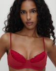 red Underwire bikini top
Ruffle neckline
Adjustable shoulder straps and back ties
Chiffon fabric over bust