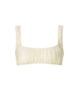 cream Silk bikini top
Square neckline
Cropped Silhouette
Pull-on Style
G-Hook back Closure
Added boning for additional support
80% Recycled Nylon 20% Spandex Fabric