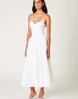 White Bustier style midi dress
Ruched detailing
Adjustable spaghetti straps
Open back with clasp closure
Flowing A-line skirt
Lined
Bridal outfit
bachelorette dress
bridal shower dress
