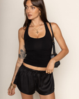 black Jersey knit halter top
Ruched bodice
Lined
basic black halter top