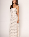 Chiffon polka dot maxi dress
Strapless
Tube top
Side cinching
Inner rubber grip lining
Back zipper closure
Lined
Cream and black polka dot maxi dress
bridal dress
Summer maxi dress