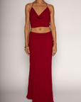 Halter crop top. Adjustable neck and back tie strap. Cowl neck. Partially lined. Maxi skirt. Hidden side zipper. Lined. red skirt set. cherry red skirt set. going out set. nice dinner set. summer outfit. spring outfit.