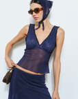 Mesh polka dot tank top with head scarf
V-neck neckline
Ruffle trim
Navy blue polka dot mesh top
fall outfit
fall top