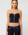 Structured strapless bustier crop top
Dark rinse wash
Sculpted princess neckline
Front zip closure
Contrast stitching
Stretch denim
Make sure to buy it tight or true to size as the denim will relax over time
Length: 10.5"
Cotton/Polyester/Elastane