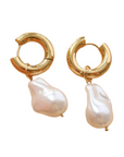 Small thick hoop earrings with pearl drop detail. Hinge closure.