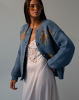 Crochet knit cardigan. Front button down closure. blue sweater cardigan. fall outfit. blue cardigan. blue sweater cardigan. grandma looking sweater