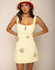 Linen mini dress
Floral cut outs
Front key hole opening
Back zipper closure
Unlined