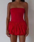 Sleeveless dress. Knit bodice. Woven bubble skirt. Elastic hem. Fully lined. red bubble dress. red mini dress. red mini bubble dress. summer dress. going out dress