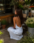 blue Halter maxi dress
Hook and eye clasp neck closure
Open back
Partially lined