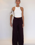 brown Woven wide leg pants
Folded waistband
Hook and eye and zipper fly
Side pockets
Faux back pockets
Fully lined
work pants
cute office work pants trousers