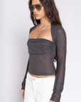 Grey Ruched knit long sleeve top
Square neckline
Cinched side bust
Unlined/Sheer
Going out top
sheer long sleeve top