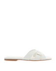 white Slide sandal
Slightly padded, flat sole
Open square toe
Thin, wide multi straps on toe
Easy slip on design
Open heel counter
summer sandal