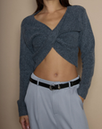Fuzzy knit sweater. Long sleeves. Surplice neckline. Unlined. grey crop sweater. fall sweater. fall trendy sweater
