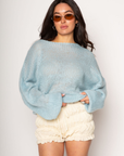 Fuzzy open knit crochet sweater. Boatneck. Long sleeves. Unlined. baby blue sweater. spring sweater. cute spring outfit.