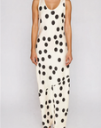 Satin polka dot maxi dress
Scoop neckine
Strapless
Side zipper closure
Unlined