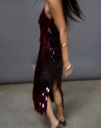 burgundy Sequin maxi dress. Elastic straps. Back hook and eye and zipper closures. Back slit. Fully lined. holiday outfit. holiday dress. holiday inspo