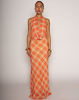 Printed crinkle woven chiffon maxi dress
Cowl neck
Fixed halter neckline strap
Side hook and eye and zipper closures
Adjustable back strap
Elastic back
Fully Lined
Orange plaid cowl neck maxi dress
summer wedding guest dress
summer maxi dress