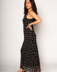 Polka dot printed chiffon maxi dress. Adjustable straps. Fully lined. polka dot maxi dress. wedding guest dress. summer dress