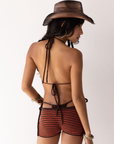 brown and orange striped booty shorts
festival outfit
coachella outfit
stagecoach outfit