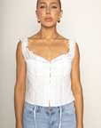 white Woven eyelet off the shoulder top
Button down closure
Faux front tie
Unlined
summer top
spring top