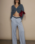 Fuzzy knit sweater. Long sleeves. Surplice neckline. Unlined. grey crop sweater. fall sweater. fall trendy sweater