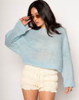 Fuzzy open knit crochet sweater. Boatneck. Long sleeves. Unlined. baby blue sweater. spring sweater. cute spring outfit.