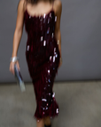 burgundy Sequin maxi dress. Elastic straps. Back hook and eye and zipper closures. Back slit. Fully lined. holiday outfit. holiday dress. holiday inspo