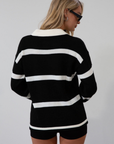 Fuzzy crochet knit striped sweater. Collar neckline. Front button closures. Unlined. fall top. fall outfit. fall sweater. striped polo sweater