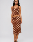 brown and beige Soft mesh polka dot halter top
Fixed neck strap
Adjustable front tie
Lined