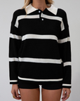 Fuzzy crochet knit striped sweater. Collar neckline. Front button closures. Unlined. fall top. fall outfit. fall sweater. striped polo sweater