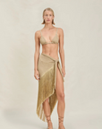 Shimmer metallic sarong skirt
Fringe detailing at hem
Can also convert into a top
gold shimmer cover up skirt
gold sarong
