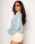 Fuzzy open knit crochet sweater. Boatneck. Long sleeves. Unlined. baby blue sweater. spring sweater. cute spring outfit.