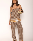 Striped pant
Adjustable drawstring waistband
Unlined
brown and cream striped pant
resort wear pant set
pant swim cover up
