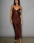 Satin maxi dress. Adjustable straps. Front tie closures. Side hook and eye and zipper closures. Unlined. brown satin midi dress. brown maxi satin dress. fall dress. fall wedding guest dress
