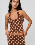 brown and beige Soft mesh polka dot halter top
Fixed neck strap
Adjustable front tie
Lined