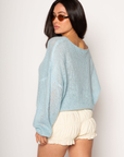 Fuzzy open knit crochet sweater. Boatneck. Long sleeves. Unlined. baby blue sweater. spring sweater. cute spring outfit.