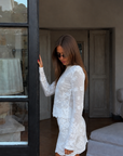 white Crochet lace long sleeve top
Button down closure
Partially lined
Partially sheer
crochet lace white cardigan