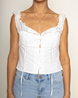 white Woven eyelet off the shoulder top
Button down closure
Faux front tie
Unlined
summer top
spring top