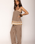Striped pant
Adjustable drawstring waistband
Unlined
brown and cream striped pant
resort wear pant set
pant swim cover up