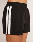 black track short
white side stripes