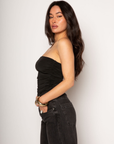 Knit tube top. Elastic neckline. Ruched elastic sides. Fully lined. black tube top. going out top. black going out top. summer top. summer outfit. going out outfit